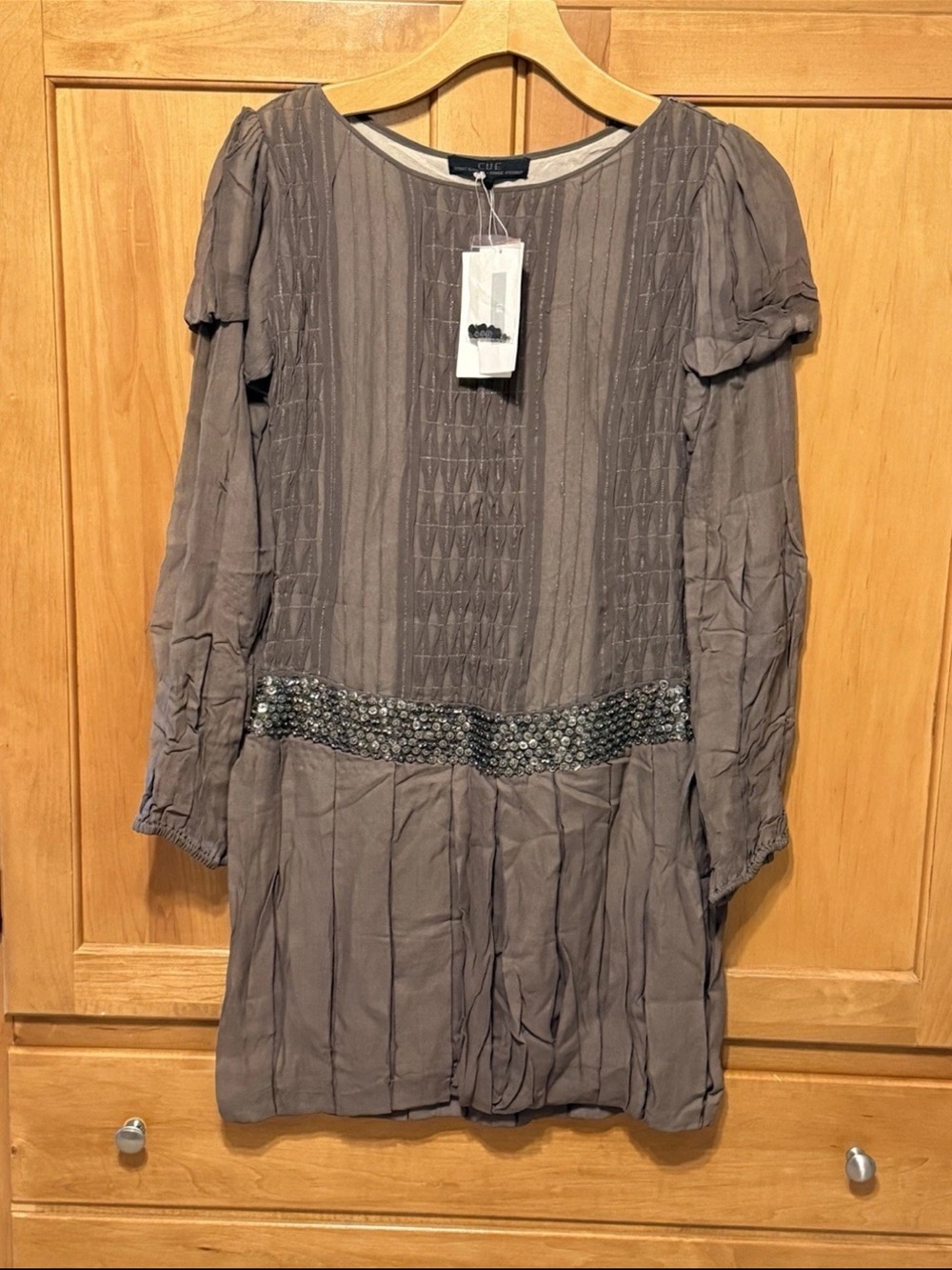 Cue Taupe Embellished Long-Sleeve Dress Gandhi + Rahul Khanna 100% Silk NWT SZ 2